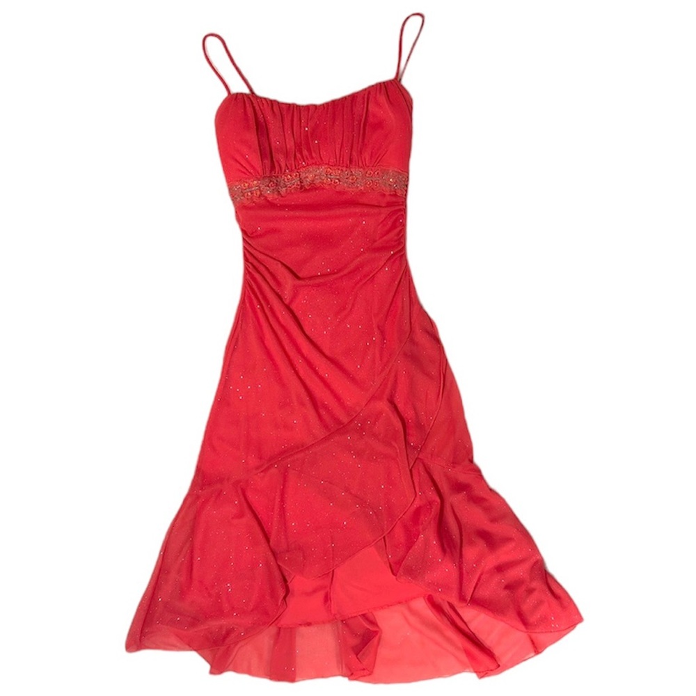 Ruby Rox Coral Y2K Midi Dress Sparkles Floral Lace Detail Women’s Small
